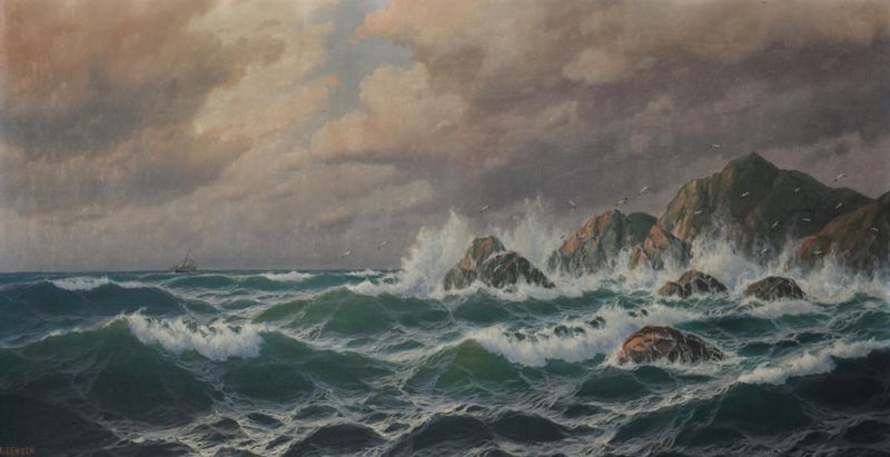 Marine scene with a two-masted ship battling stormy waves, oil painting by Max Jensen