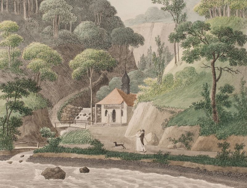 Óleo sobre tela de Søren L. Lange retratando uma capela cercada pela natureza