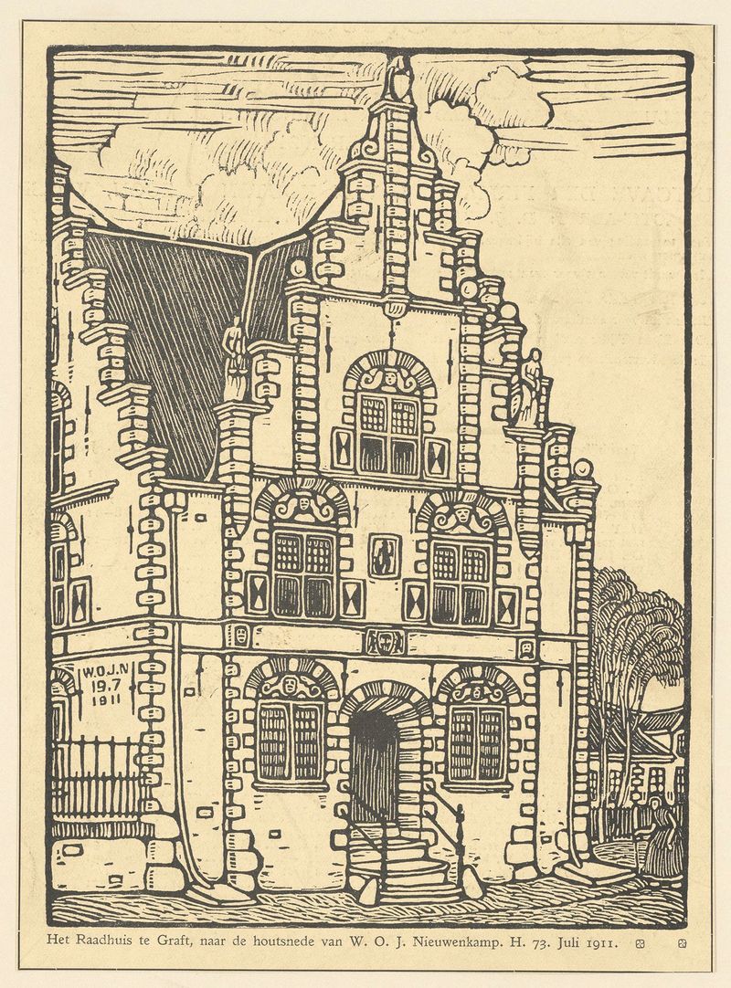 Het Raadhuis te Graft by Wijnand Otto Jan Nieuwenkamp, oil painting depicting a town hall and water.