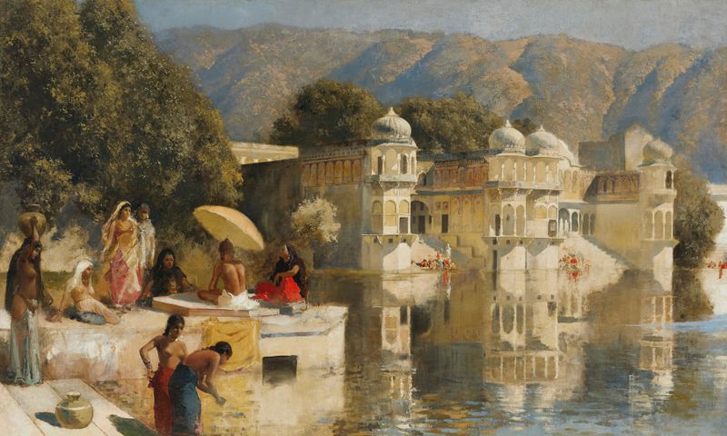 Lake at Oodeypore, India, oil on canvas by Edwin Lord Weeks, featuring tranquil water and architectural details.