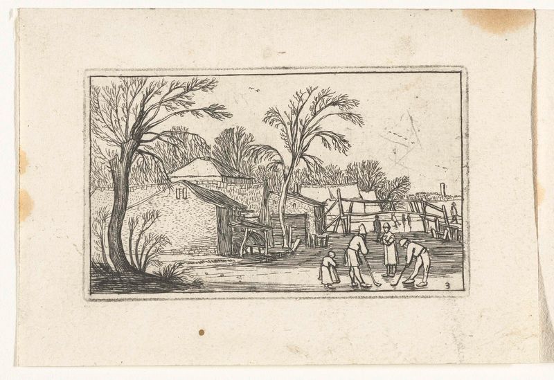 Schaatsers en kolfspelers op het ijs voor boerderijen, gravura de Unknown Artist