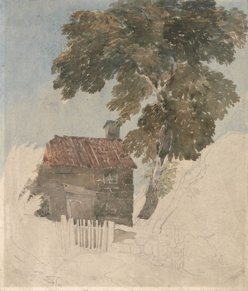 Cottage and Trees de David Cox, pintura a óleo que retrata uma cabana cercada por árvores e folhagem exuberante