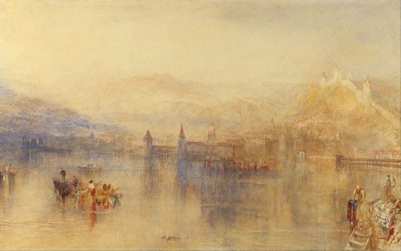 Lucerne from the Lake, pintura a óleo de Joseph Mallord William Turner, retratando um lago, montanhas e nuvens.
