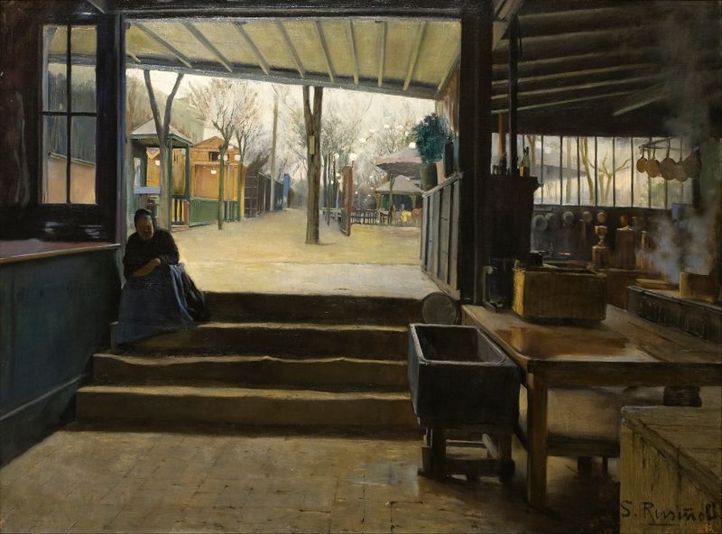 Laboratorio de La Galette de Santiago Rusiñol, óleo sobre lienzo que muestra figuras en una mesa de café.