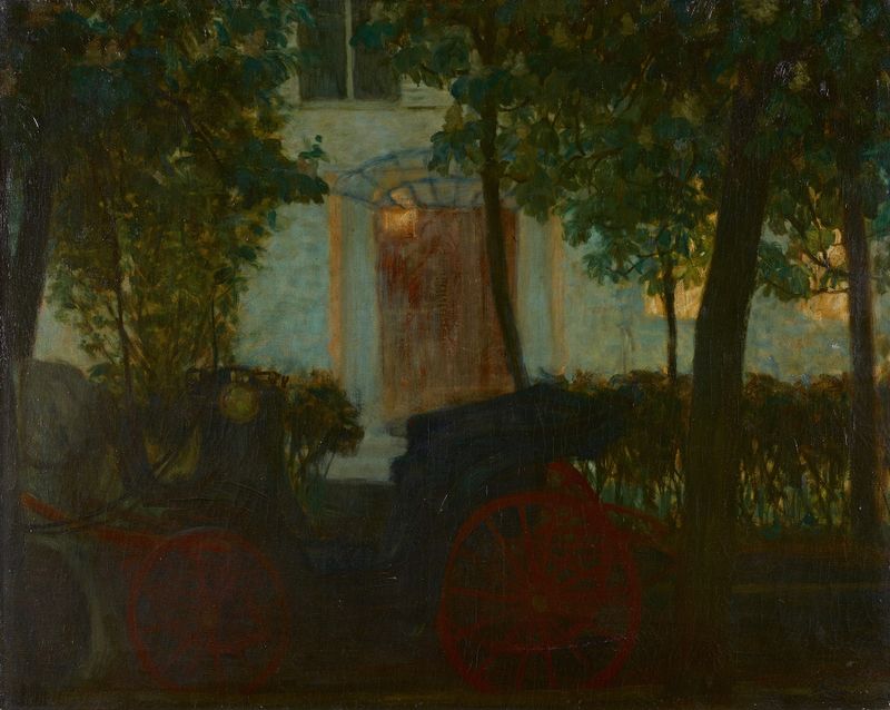 Der Fiaker de Ferdinand Michl, óleo sobre lienzo que muestra una carroza en luz de tarde.