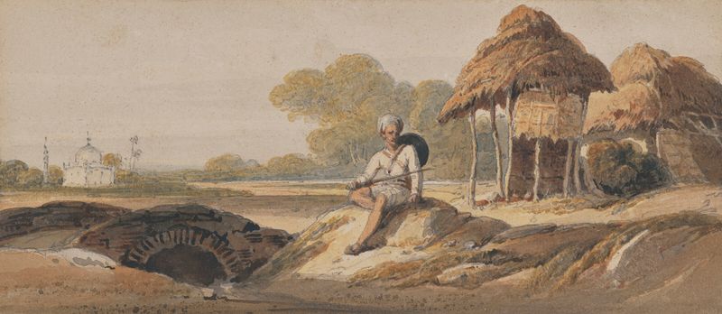 Paisagem de Bengala com um soldado e um santuário distante, óleo sobre tela de George Chinnery