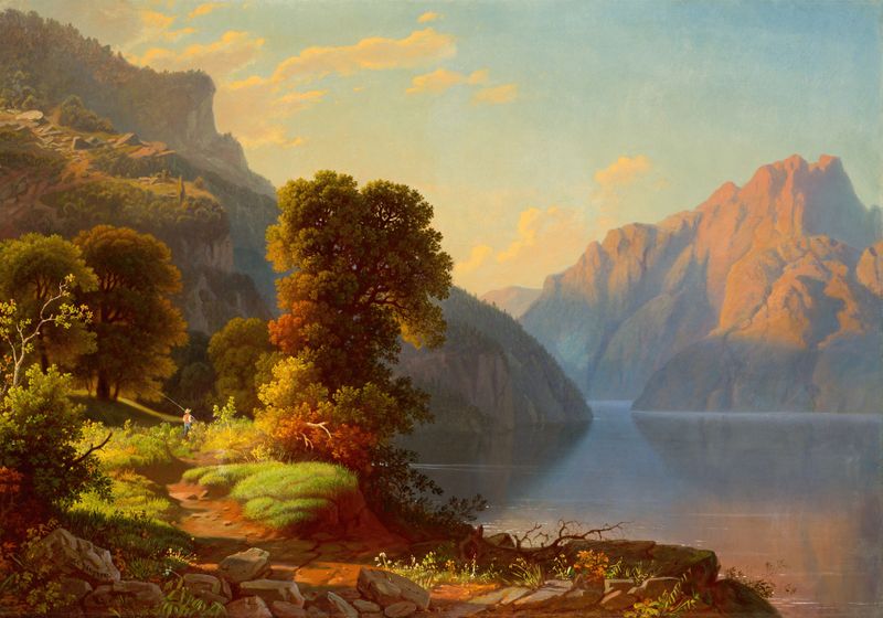 A serene lake landscape by George Caleb Bingham, oil painting