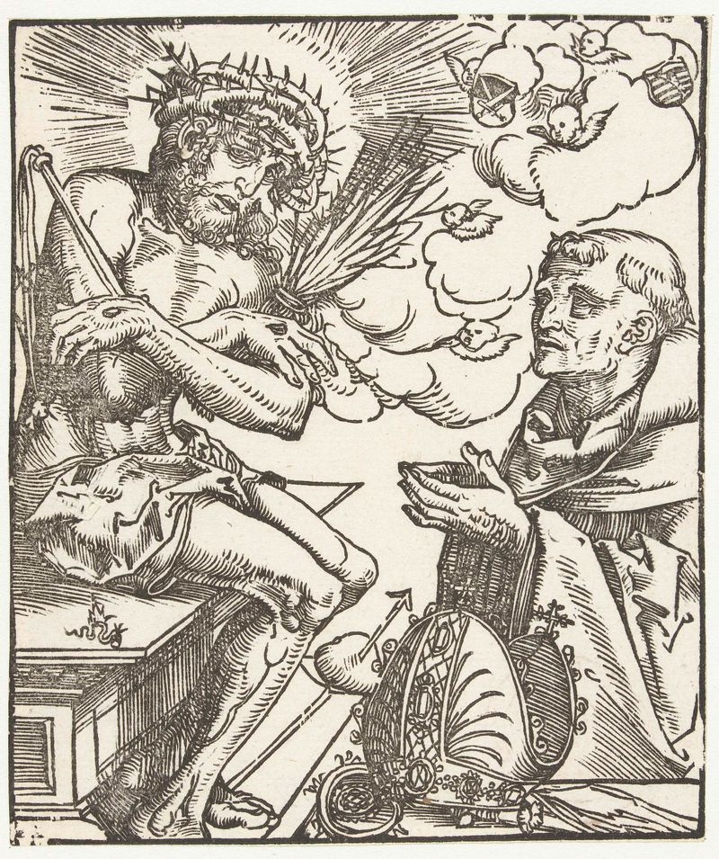 Heilige Bernardus aanbidt Man van Smarten de Lucas Cranach, papel, que representa a San Bernardo arrodillado ante Cristo.