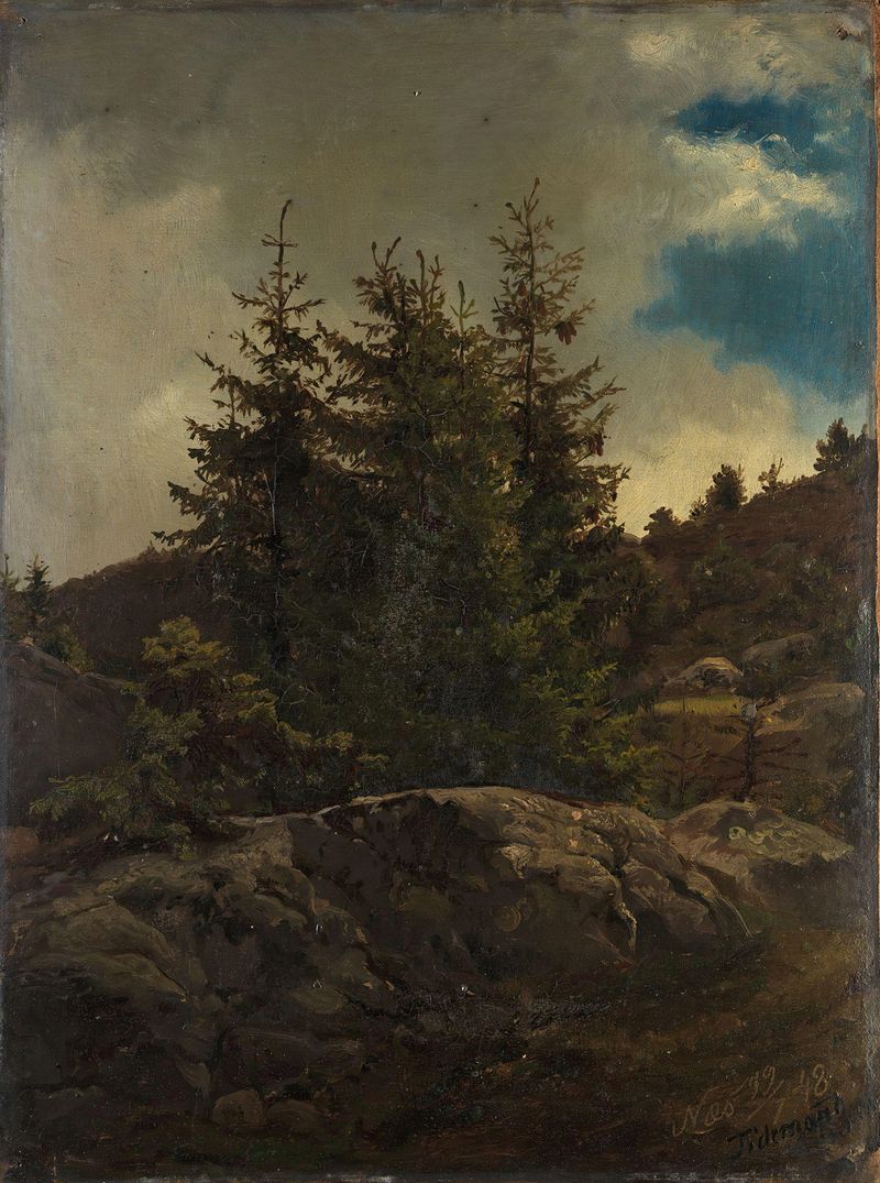 Landscape from Nes in Hallingdal de Adolph Tidemand, pintura a óleo que retrata um riacho e montanhas