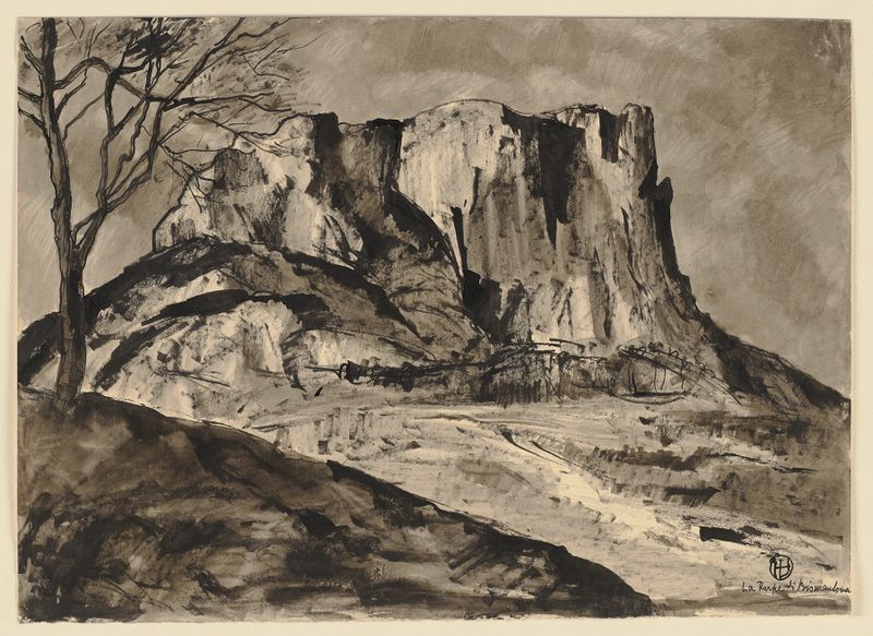 Paisagem com uma formação rochosa ao pôr do sol de Hermann Lismann