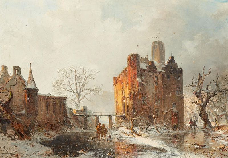 Burg Doornenburg im Winter by Carl Hilgers, oil painting of a castle in snow.