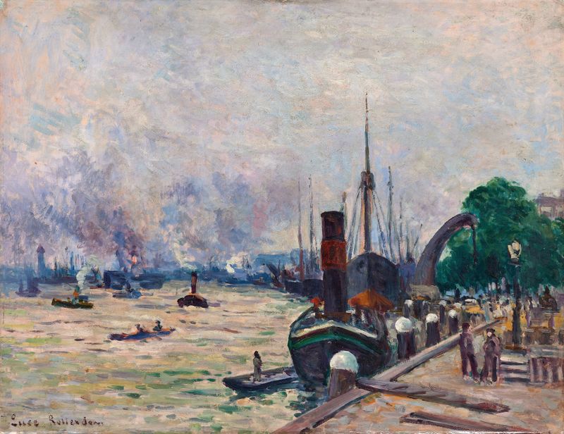 Le port de Rotterdam de Maximilien Luce, óleo sobre lienzo que muestra barcos al atardecer.