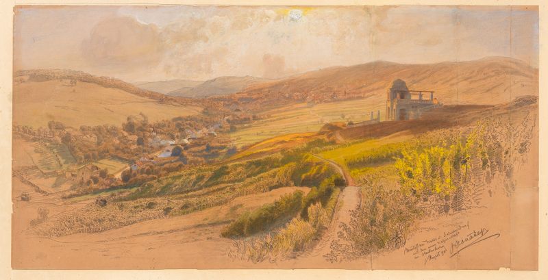 Landscape by Anton Hlavacek, 1911, depicting hills and water in an impressionistic style.