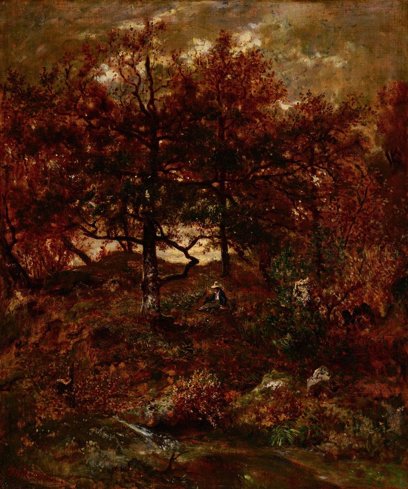 Autumn landscape with a river and golden leaves, oil painting by Théodore Rousseau