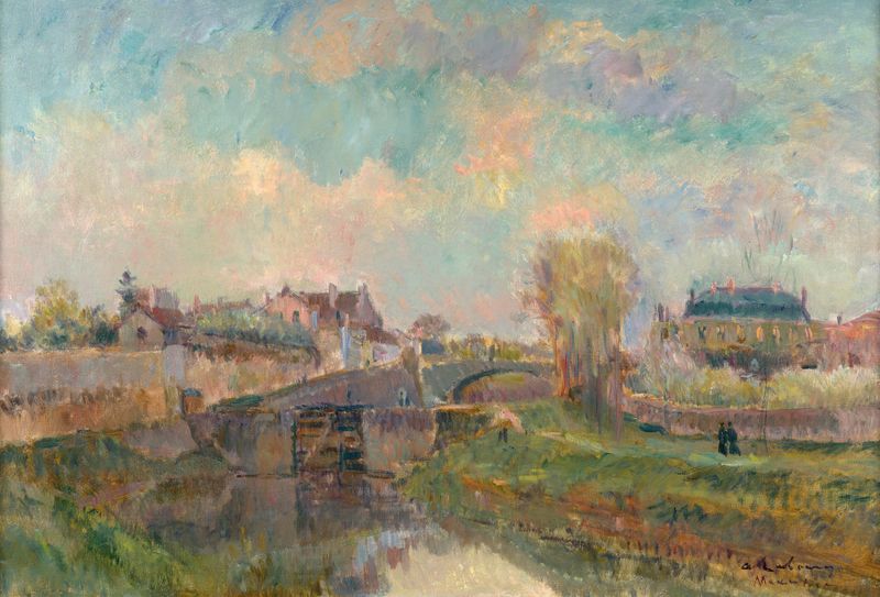 Paisaje impresionista de Albert Lebourg, que representa la primavera con flores en flor y un río.