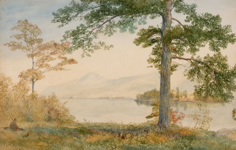 Lake George in Autumn, óleo sobre lienzo de John Henry Hill, con árboles otoñales y reflejos en agua tranquila.