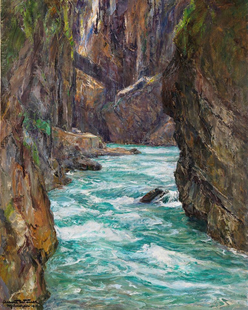 Landscape oil painting by Albert Wenk depicting a river and waterfall in a forest