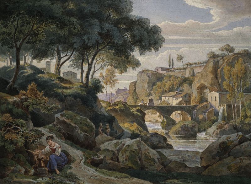 Italienische Gebirgslandschaft mit steinerner Brücke by Ernst Fries, landscape with stone bridge and mountains, oil painting