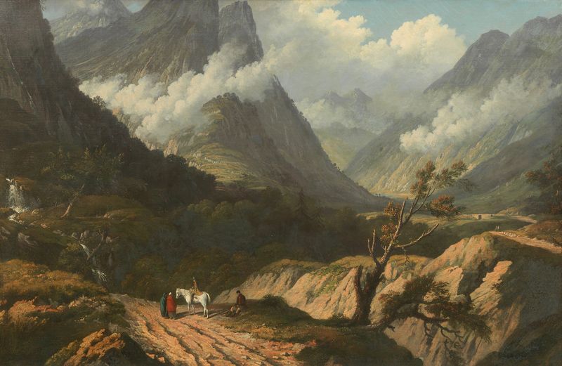 Paisaje de Glencoe de John Knox, pintura al óleo con montañas y niebla.