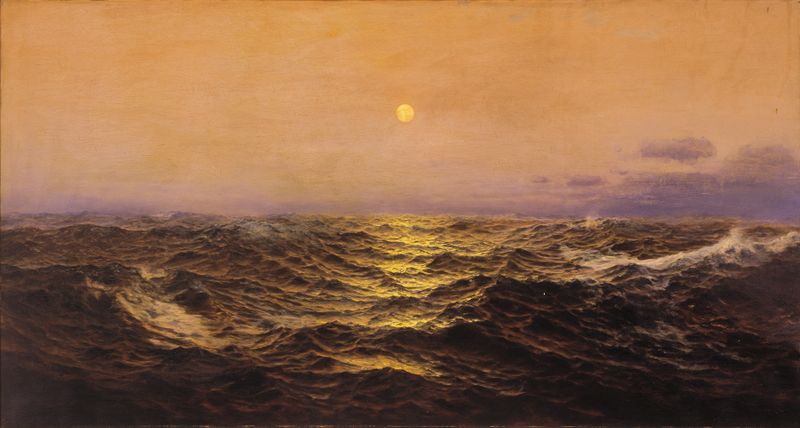 The Restless Sea by Warren Sheppard, oil painting depicting turbulent waves and stormy waters.