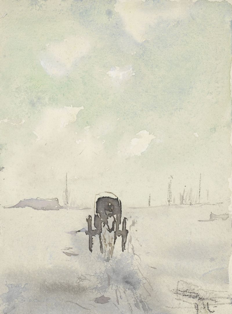 Winterlandschap met paard en wagen by Adolf le Comte, oil on canvas depicting a snowy landscape with a horse and cart.