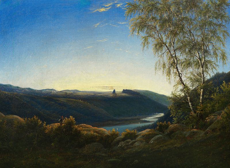 Landscape featuring a river at sunrise, oil painting by Carl Wagner