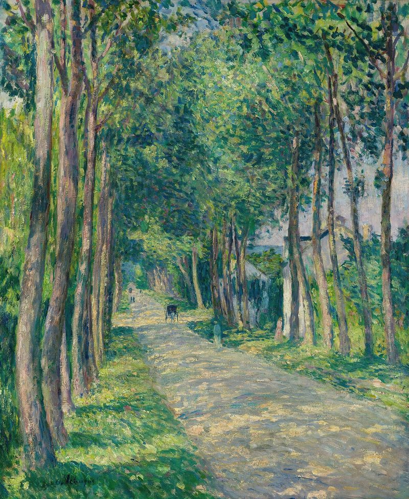 Pintura al óleo de Henri Lebasque que muestra una carreta tirada por caballos en un camino bañado por el sol.