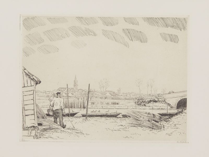 Engraving by Jean-Émile Laboureur depicting a bridge over a river