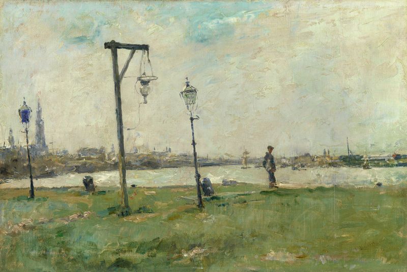 A View of Antwerp by Piet Verhaert, oil on canvas depicting the skyline against a colorful sky.