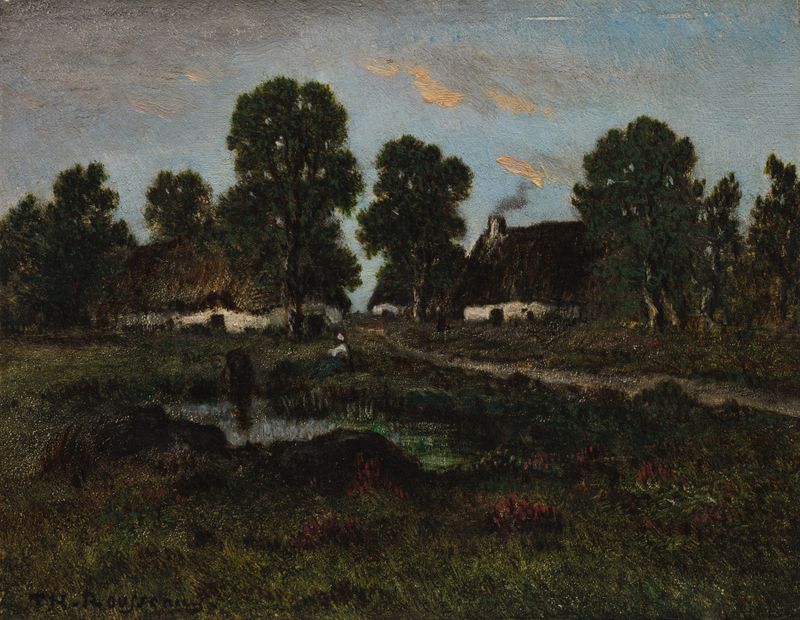 Cottages Near Larchant de Théodore Rousseau, pintura a óleo de cottages na névoa entre árvores