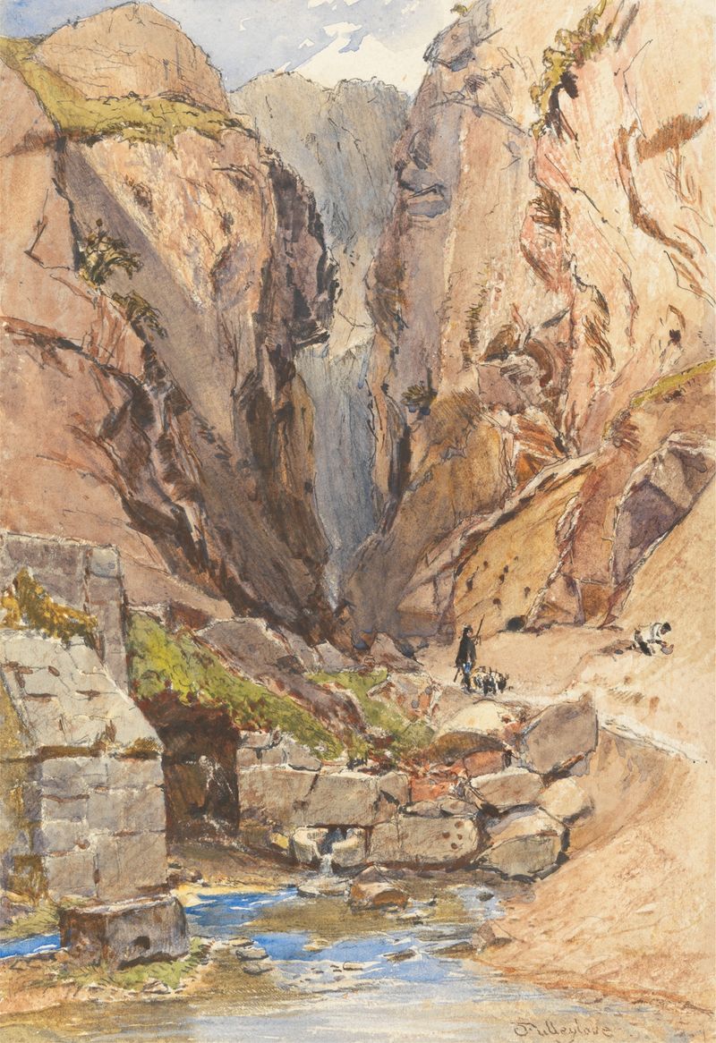 La Fuente Castalia, Delfos de John Fulleylove, acuarela sobre papel, representando un manantial en la naturaleza.
