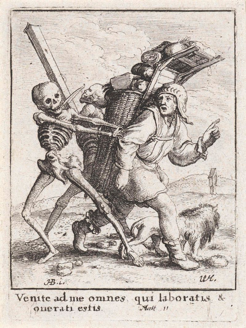 Gravura de Wenceslaus Hollar mostrando um comerciante e a sombra da Morte.