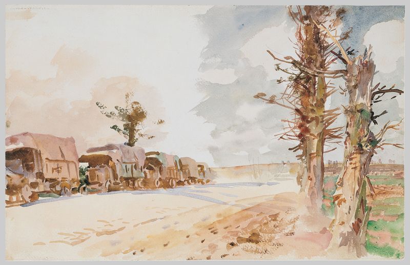Escena histórica que muestra soldados en un convoy, pintura al óleo de John Singer Sargent