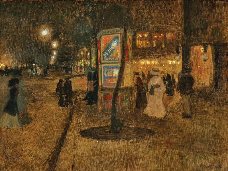 Nocturnal street scene by Rudolf Quittner, depicting figures under a streetlamp, oil painting.
