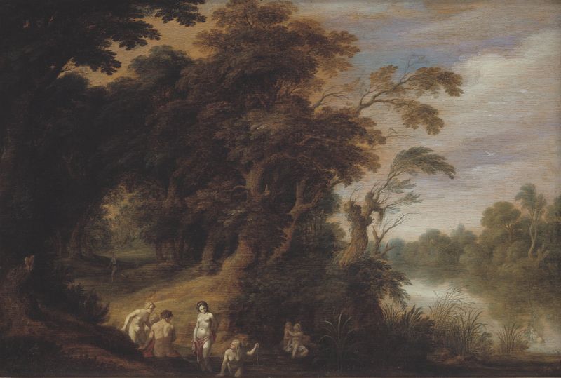 Wooded landscape with bathing nymphs, oil on canvas by Alexander Keirincx