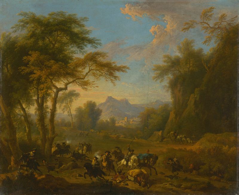 Raid by Jan van Huchtenburg, oil painting depicting horses in a historical battle with dramatic light