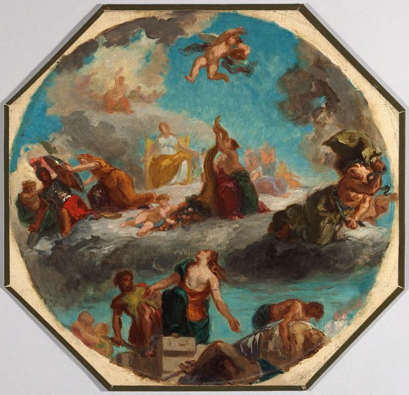 Religious oil painting by Pierre Andrieu depicting figures bathed in celestial light.