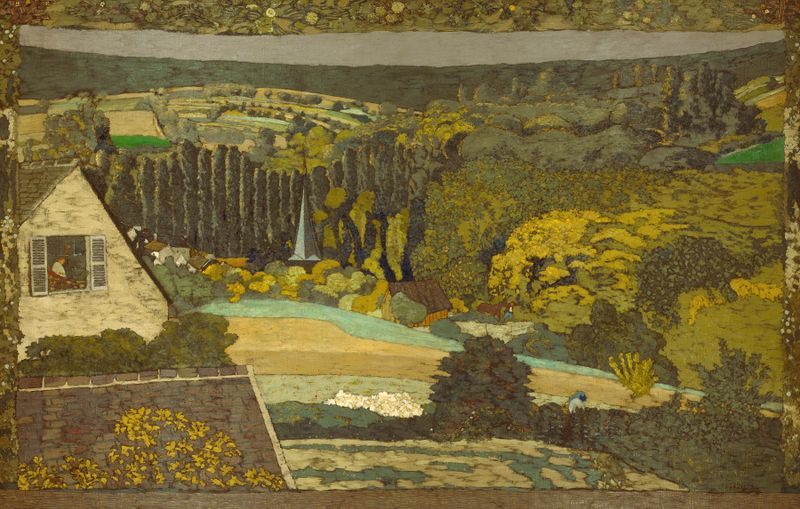 Interior scene with a window overlooking lush woods, oil on canvas by Édouard Vuillard
