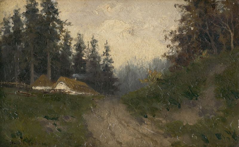 Cottages in the Woods de Felicián Moczik, realismo, representando cabañas rústicas en un bosque.
