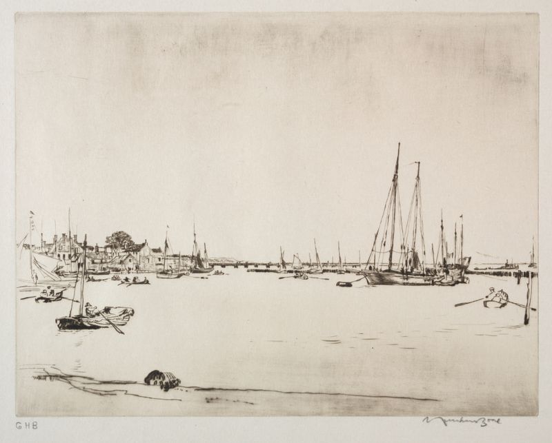 Yarmouth, Isle of Wight de Muirhead Bone, impresionismo, que representa un paisaje marino sereno