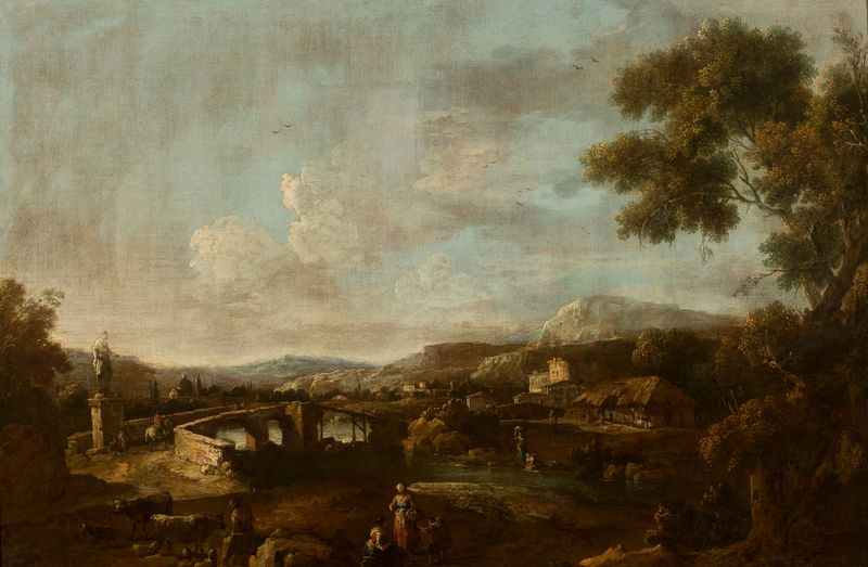 Landscape with staffage de Antonio Diziani, apresentando colinas suaves e figuras em um cenário tranquilo, pintura a óleo.