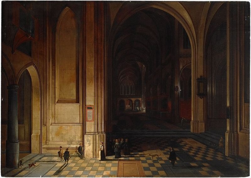Interior de uma igreja à noite com uma procissão, carvalho, Peeter Neeffs o Velho