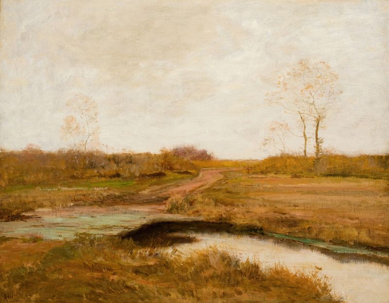 Landscape of Southfield Marshes by Frederick W. Kost, oil painting capturing sunlight on water.