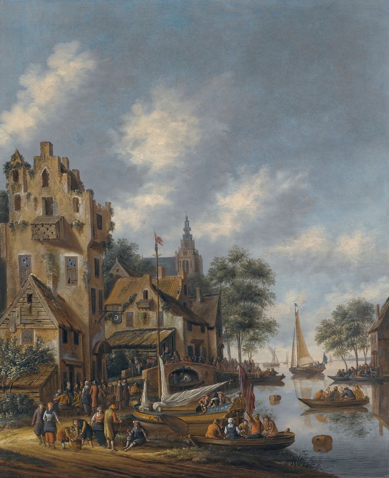 Genre scene with figures by a river, oil painting by Thomas Heeremans.