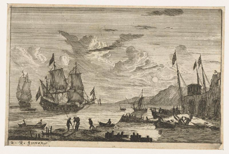 Haven met twee grote zeilschepen gravura de Reinier Nooms representando navios e velas em um porto