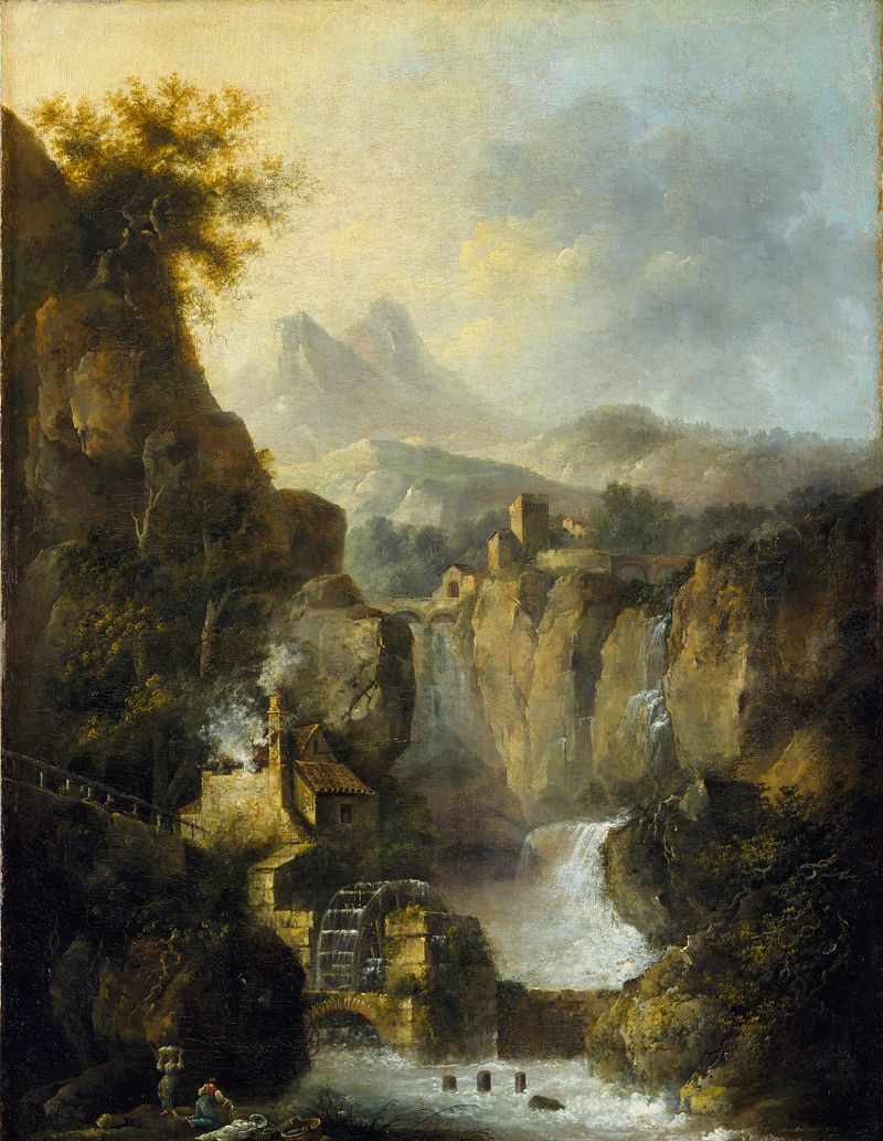 Mountainous landscape with a waterfall, oil on canvas by Louis Belanger