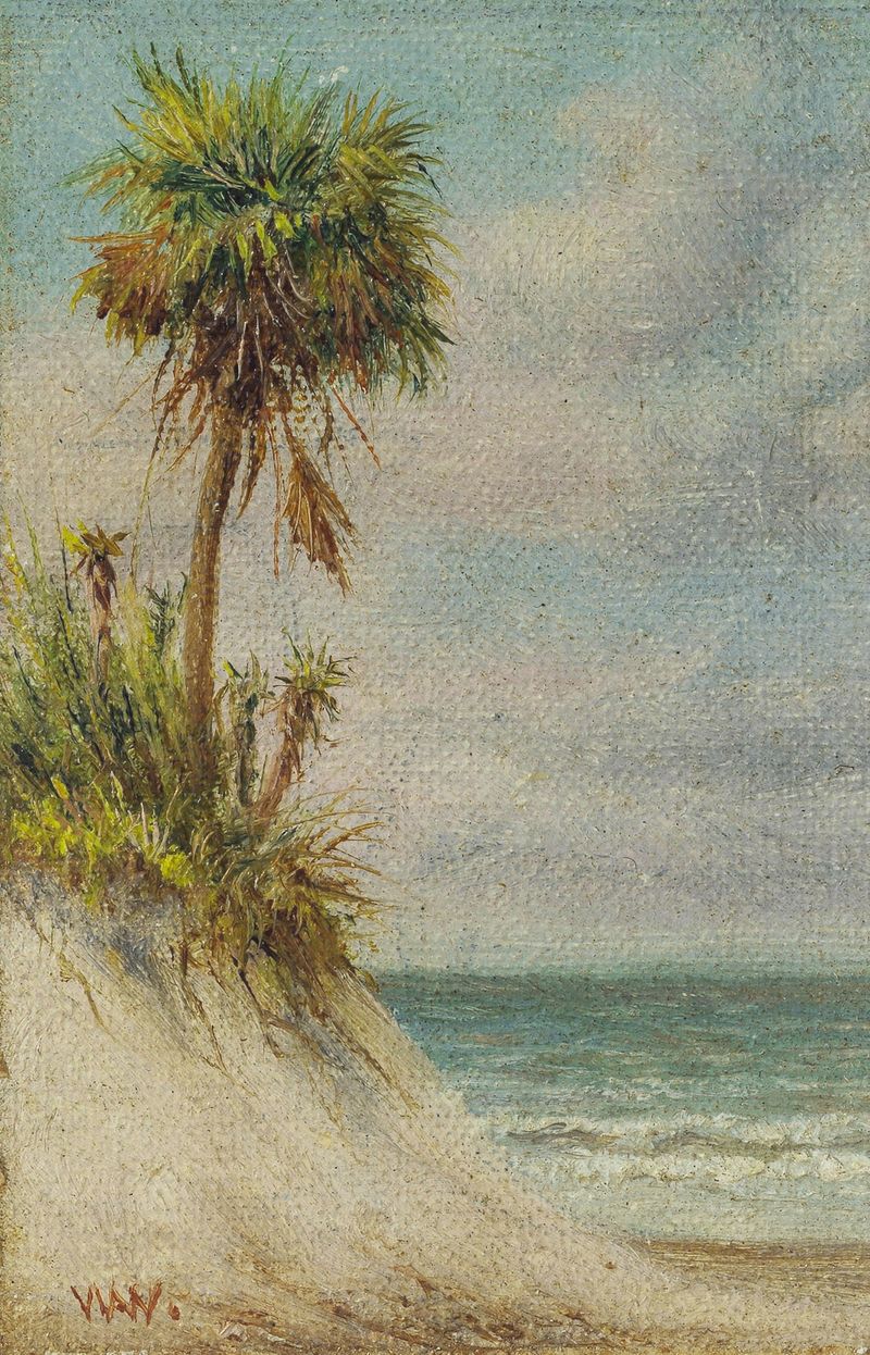 Seascape da Flórida com duna de areia e palmeira, pintura a óleo de William Aiken Walker