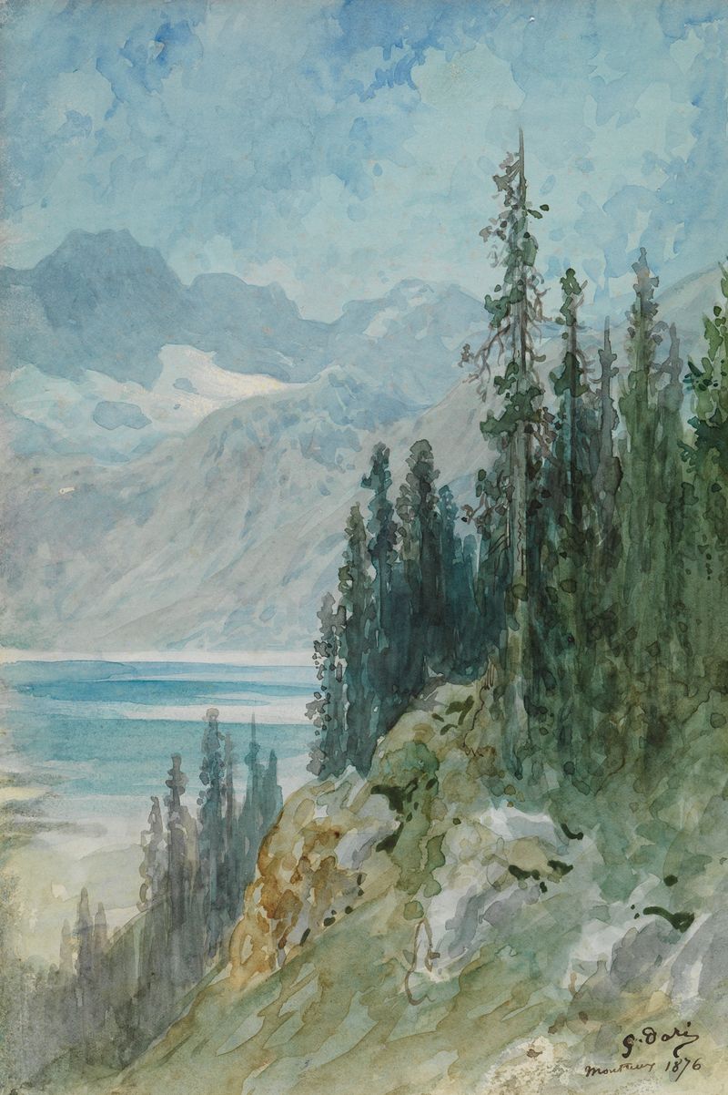 Pintura a óleo de Gustave Doré retratando o Lago de Genebra ao amanhecer.