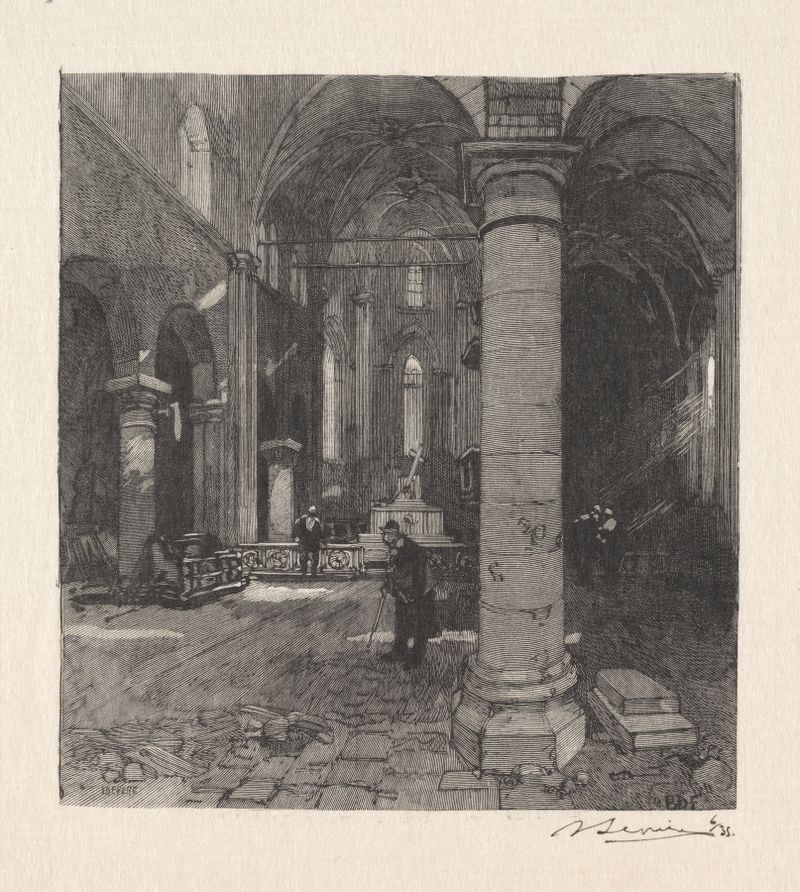 Grabado de Auguste Louis Lepère que representa el interior de una iglesia con luz y sombra