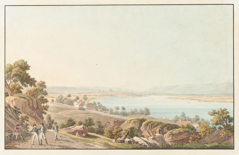 Pintura al óleo de Jakob Samuel Weibel que muestra colinas y el lago de Ginebra.
